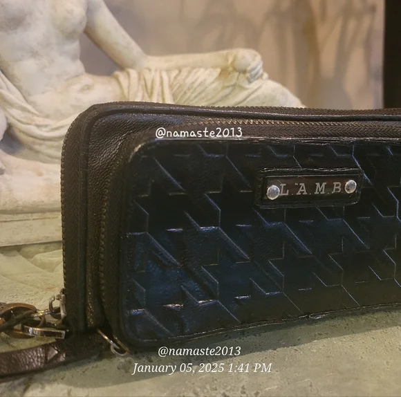 L.A.M.B. by Gwen Stefani Black Houndstooth Leather Clutch Leather Designer#73